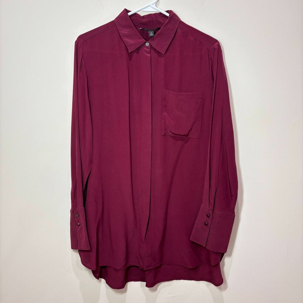 Banana Republic 100% Silk Blouse Women M Red Burgundy Shirt Office Timeless